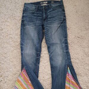 BKE Jake Bootcut Jeans Womens 31L Medium Wash Rainbow Stripe Flare Slit Buckle